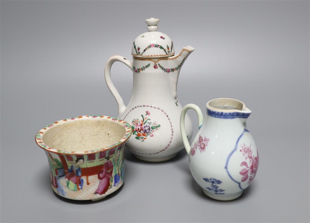 A Chinese export famille rose sparrowbeak jug, a ewer and cover and a mandarin pattern pot, tallest 17.5cm